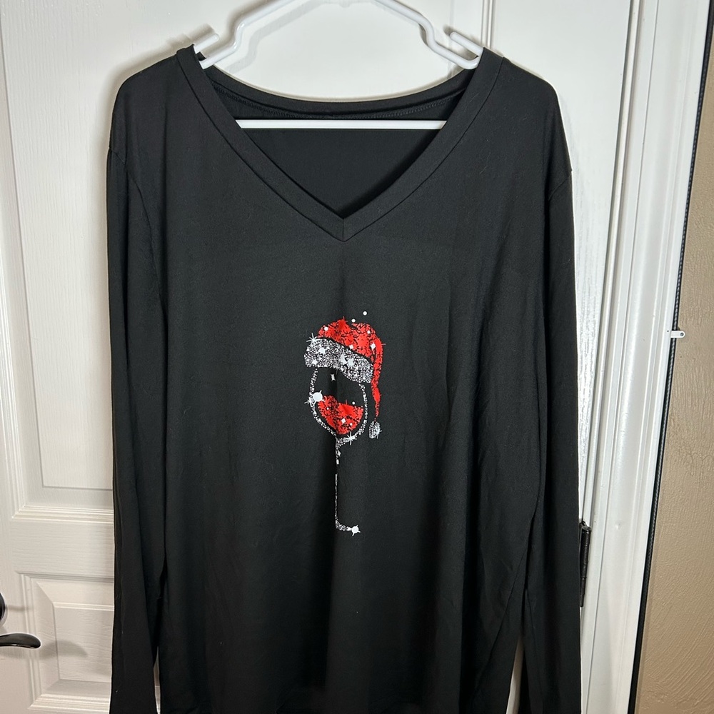 Black V-Neck Top with Red Santa Design